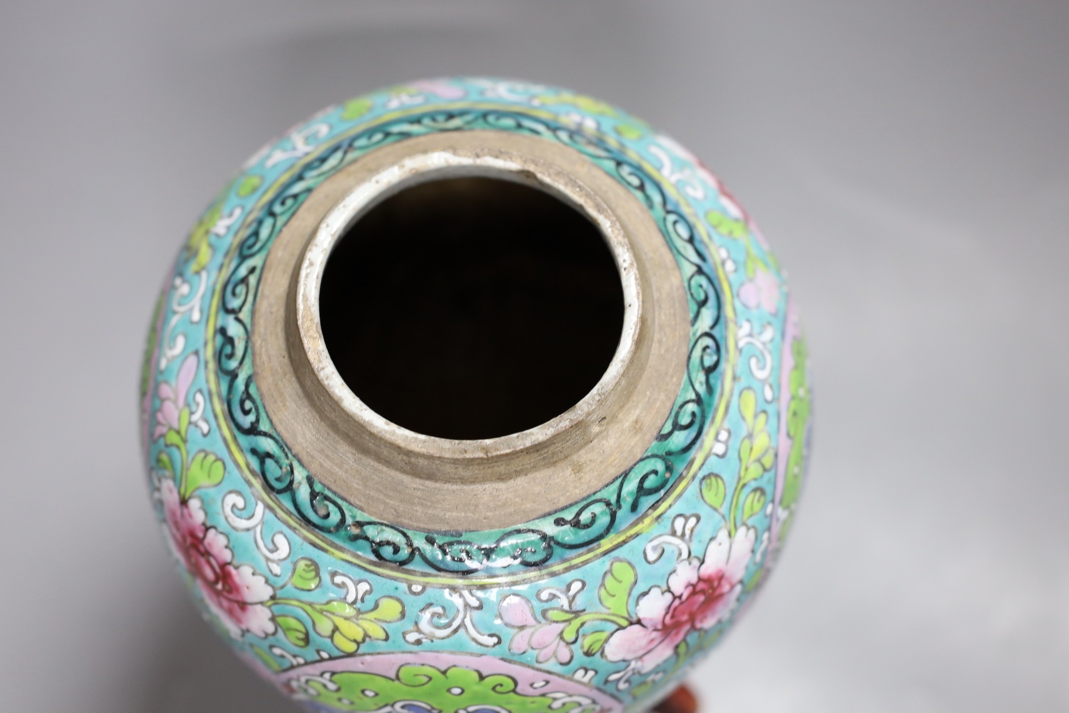 A Chinese Straits enamelled porcelain jar and cover, wood stand, Jar and cover 18 cms high